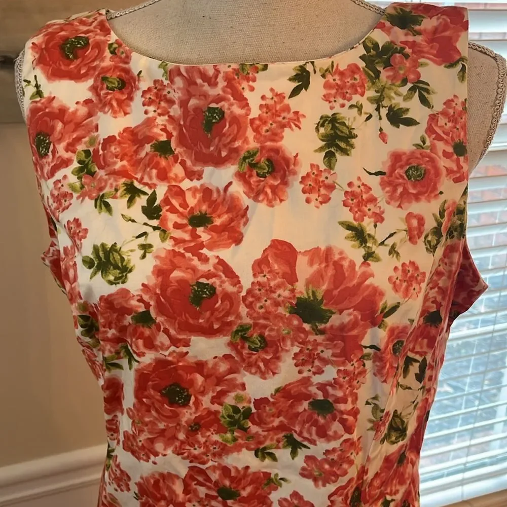 Talbots White and Coral Floral Sleeveless Midi Dress